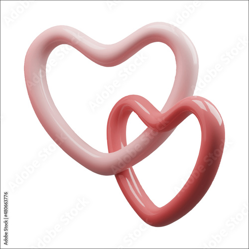 Realistic 3D hearts fastened together. Happy symbol of Valentine's Day, object of romantic love.