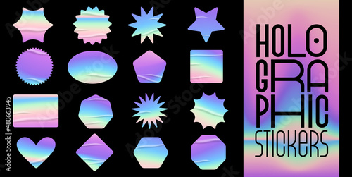 Holographic stickers set. Geometric shapes label with rainbow hologram and wrinkles. Vector elements for modern trend design.