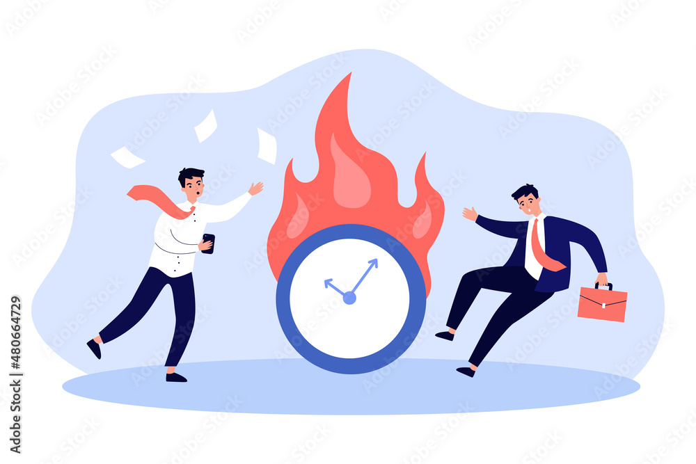 Obraz premium Tiny office workers in panic because of burning clock