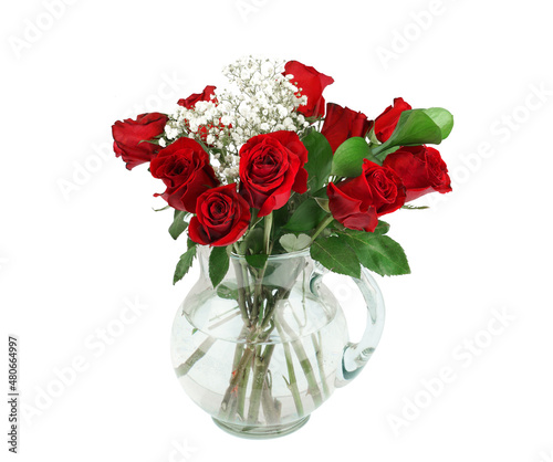 red roses in vase isolated on white background
