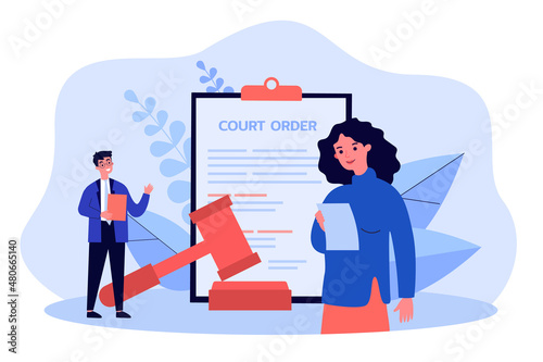 Tiny lawyers standing near court order document and judge gavel