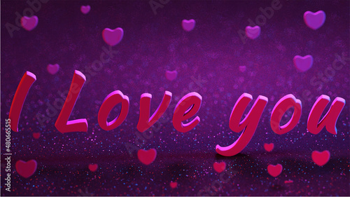 Realistic 3D colorful romantic hearts Valentine background, shiny and festive inscription I love you.