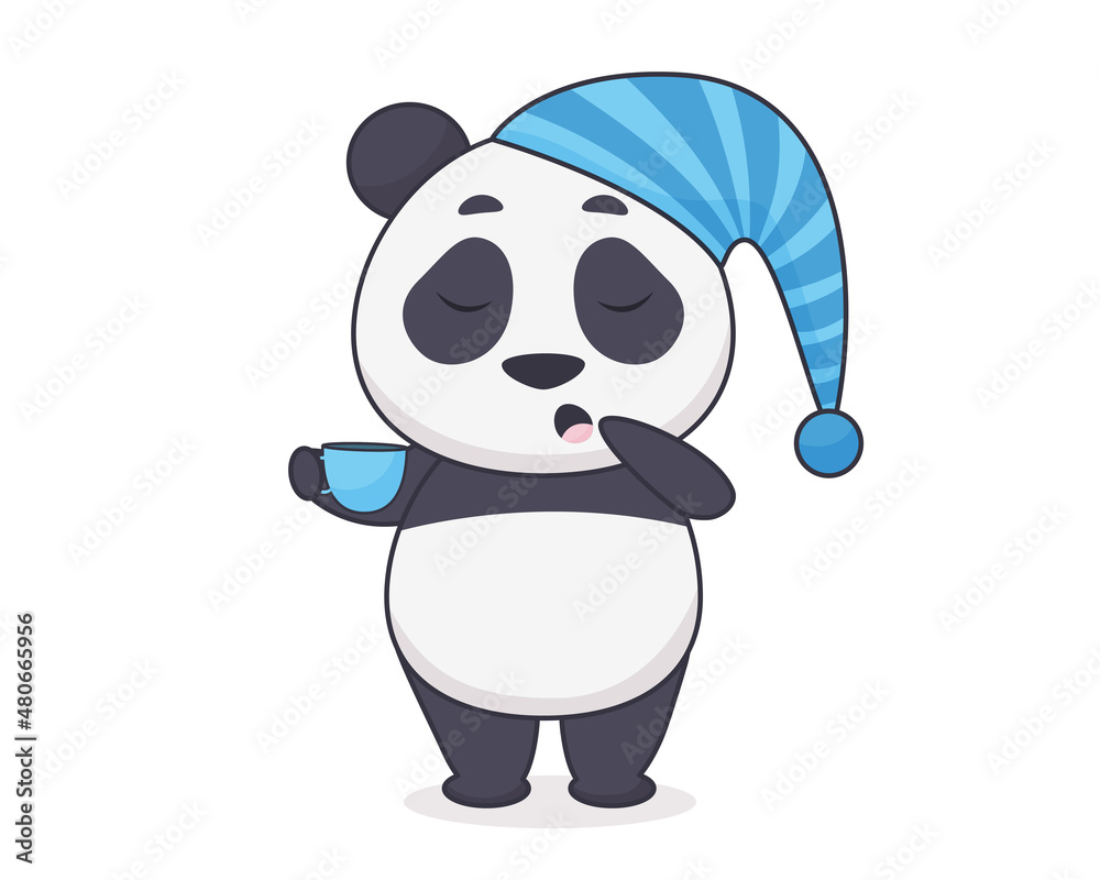 Fototapeta premium Sleepy panda with coffee. Vector illustration of an animal in cartoon style. Cute bear in the morning. Isolated on white background. 