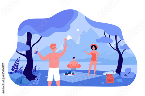 Summer forest adventure and picnic of happy friends