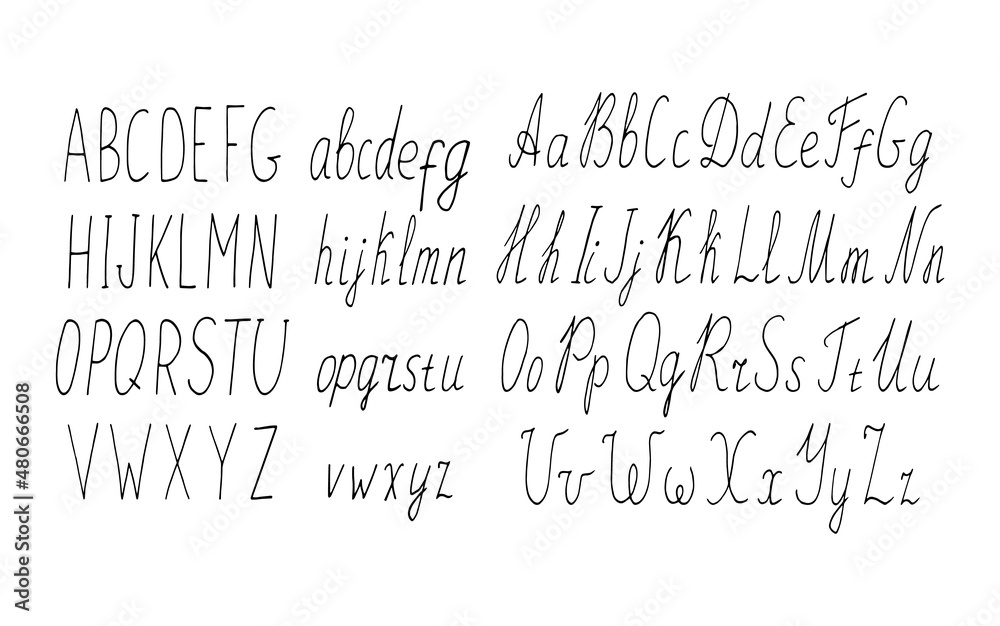 English alphabet hand drawn. vector, monochrome. letters, written, font.