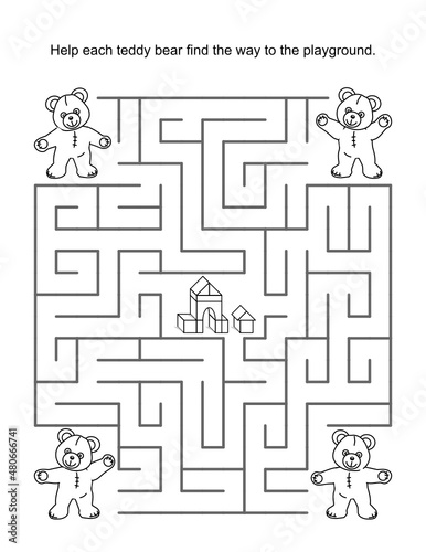 Maze game for kids with teddy bears and playground
