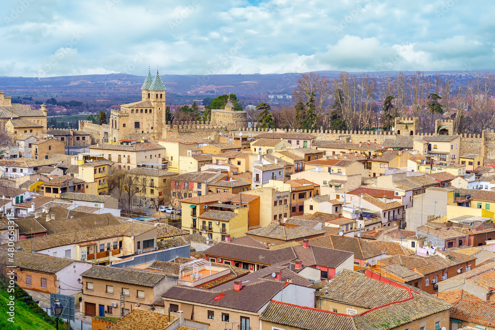 Panoramic view of the beautiful medieval city of Toledo in Spain.