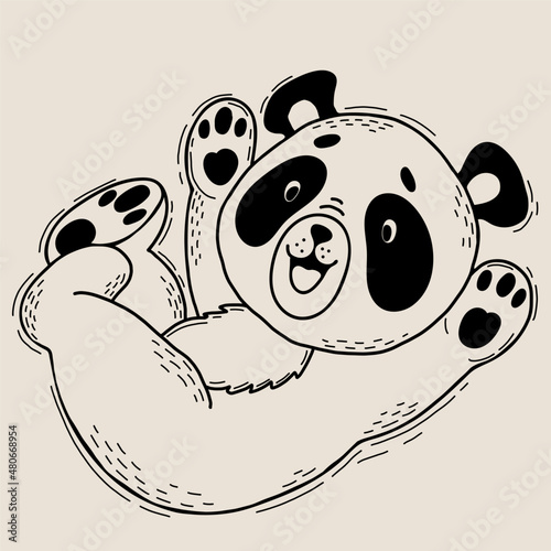 Cute happy panda. Vector illustration. Character joyful animal in linear style hand drawing doodle for kids collection and cards, design, decor and print 