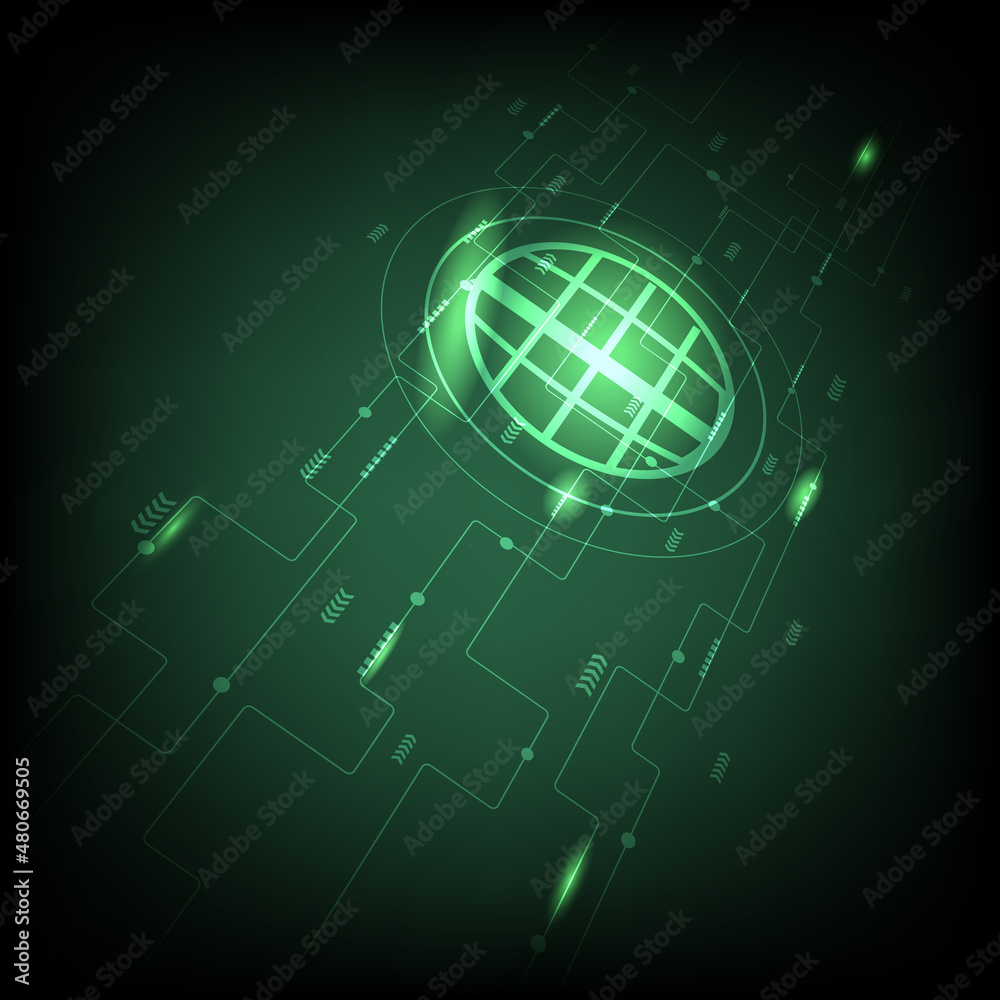 Fototapeta premium Abstract world future technology digital circuit with lines system data connection on dark green background
