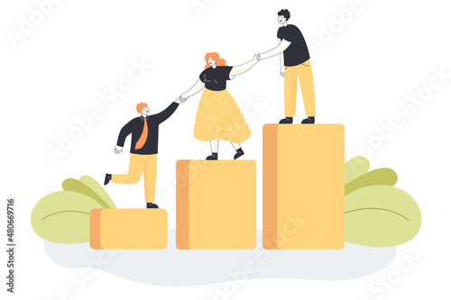Employees giving hands and help to colleagues to walk upstairs