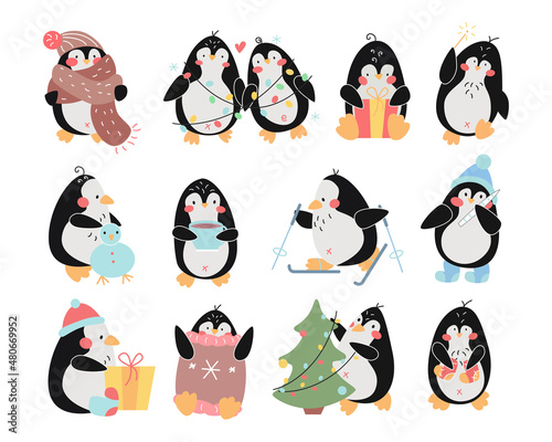 Cute penguin cartoon character vector illustrations set