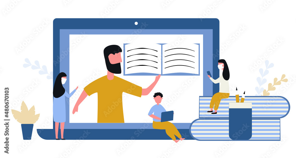 people wear a mask Online learning. School at workplace, video conference with the teacher at home people wear a mask Online learning. School at workplace, video conference with the teacher at home