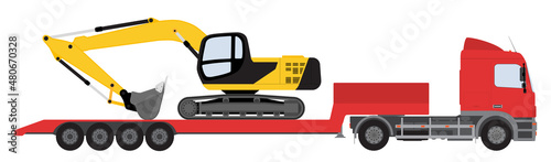 Color image of an excavator on a trawl. Vector illustration.