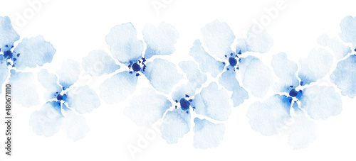 Softness floral seamless border. Light Blue watercolor flowers on white background. Vintage design element.