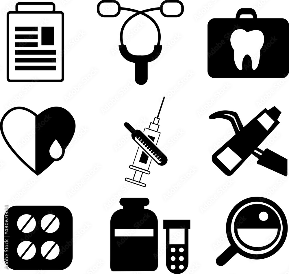 Obraz premium Medicine vector icons set. Doctors tools for health care. Medic first help, hospital tools icons. Vector helthcare icons set. Heart, doctor, tooth icon, medicine, pills, health and medical. Health med