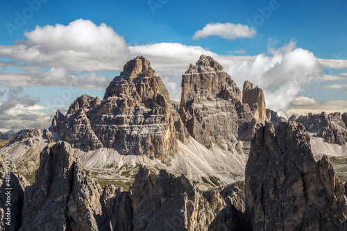 Tre Cime di Lavaredo dolomite mountan peak by Cadini, Italy, Trentino