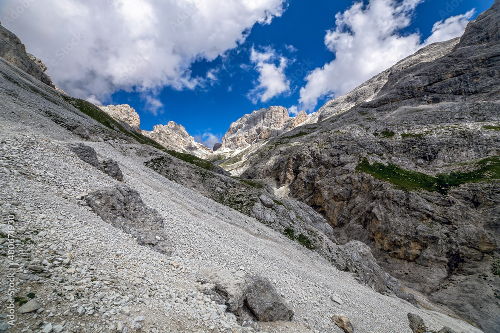 Passo Principe in Catinaccio Dolomite panoramic view, Italy, Trentino