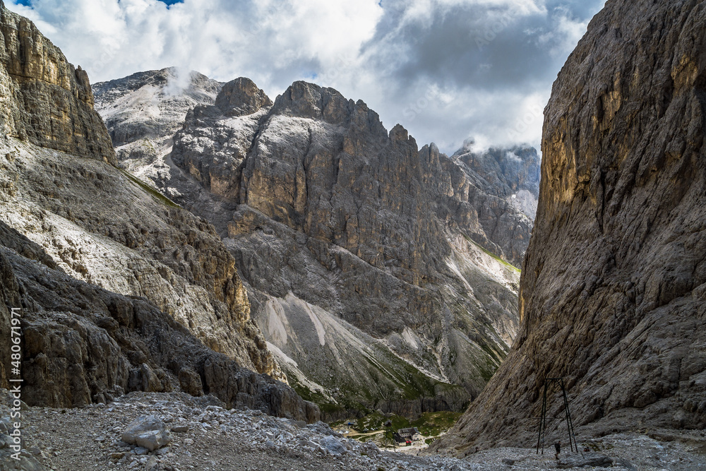 Catinaccio alpine hiking trail, italian alps dolomite, Italy, Trentino