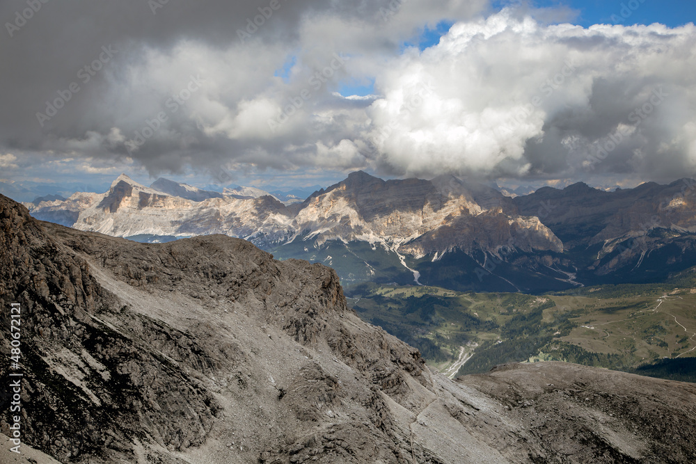 Panorama from Piz Boè in Sella Group alps dolomite, Italy, Trentino
