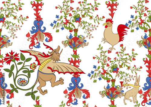 Floral and animals vintage seamless pattern. Medieval illuminati manuscript inspiration. Design for wrapping paper, wallpaper. Vector illustration. Isolated on white background.