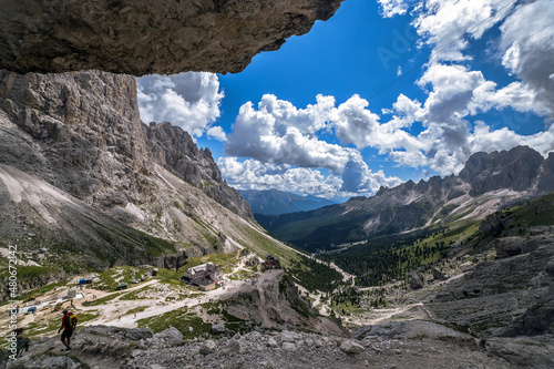 Alpine hiking trail in dolomite alta via, Val di Fassa, Italy Trentino