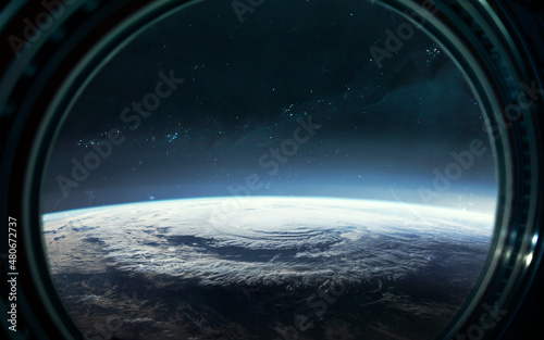 Fototapeta Naklejka Na Ścianę i Meble -  Space station porthole and endless space. 5K realistic science fiction art. Elements of image provided by Nasa