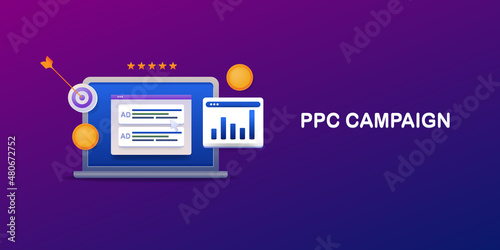 PPC campaign management, search engine marketing advertising concept. search ads on web page, targeting online audience with paid media strategy, 3d style illustration, banner.