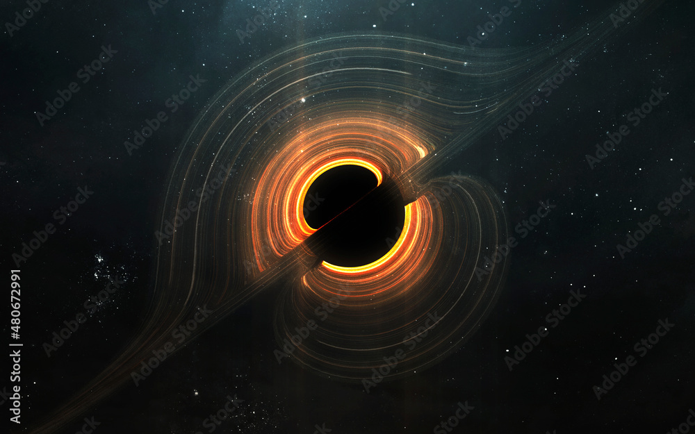 Huge black hole warps space. 5K realistic science fiction art. Elements of image provided by Nasa