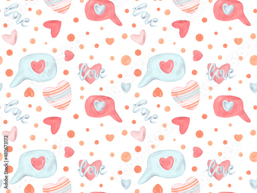 Elements - illustration of sweets, hearts, doodles, letter and message isolated on white background. Watercolor hand drawn Valentine's day seamless pattern with items in flat cartoon style.