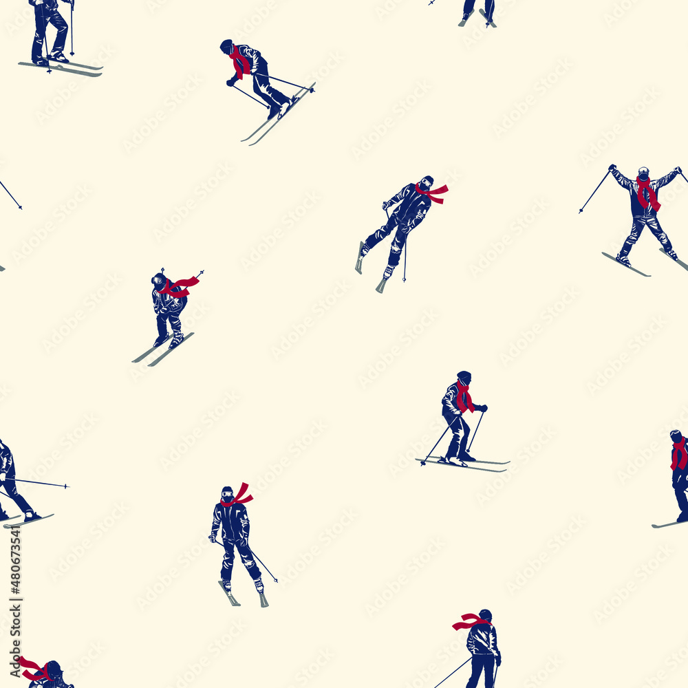 Winter seamless pattern with skiers and snowboarders skiing downhill vector print