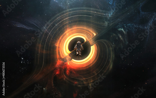 Fototapeta Naklejka Na Ścianę i Meble -  Astronaut looks at black hole and event horizon. 5K realistic science fiction art. Elements of image provided by Nasa