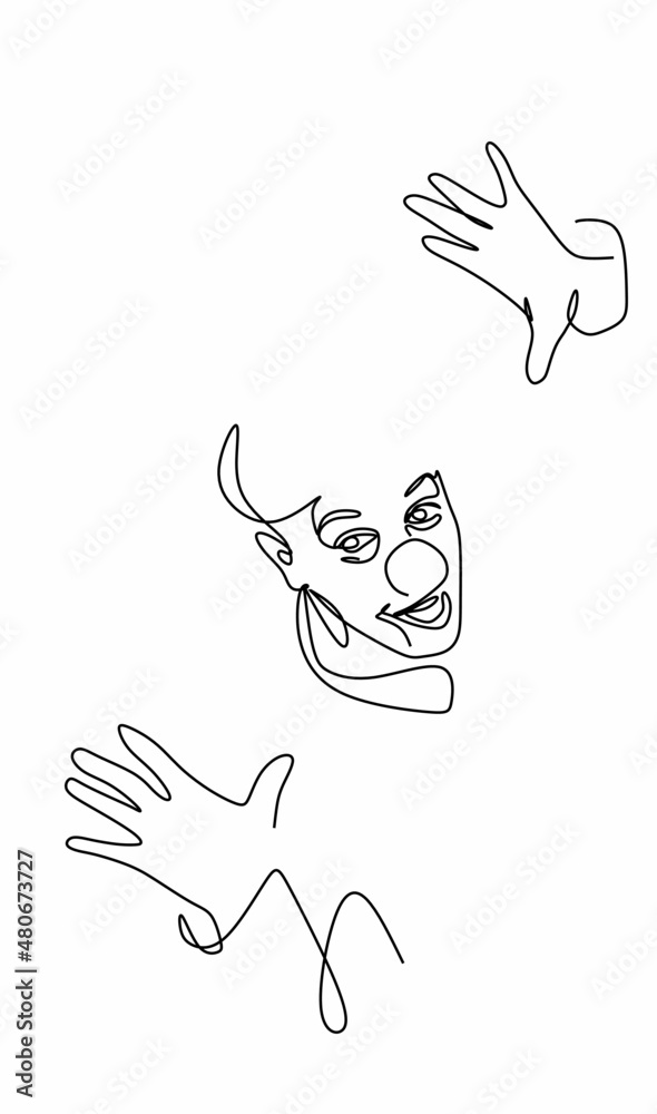 Fototapeta premium continuous drawing of a hand near a man's ear, the concept of psychology. Clown, smile, fun, holiday