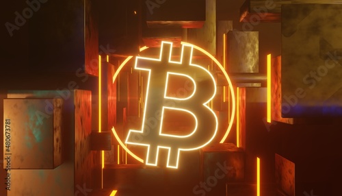 3d render of cryptocurrency Bitcoin with technology network neon laser light. Cryptocurrency digital currency concept. New virtual money exchange in blockchain.
