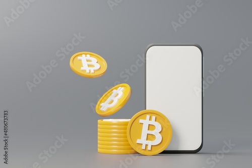 3d render Minimal mobile phone or smartphone for work with white copy space and stack of cryptocurrency bitcoin for mock up and web banner. Defi crypto concept. photo