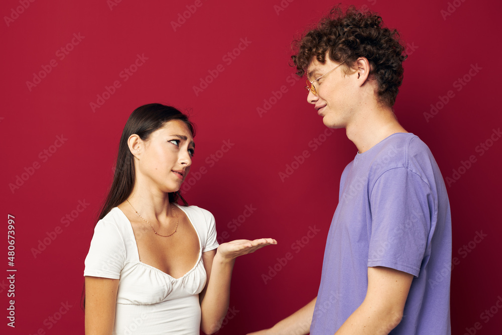 young man and girl summer style posing fashion emotions isolated background young man and girl summer style posing fashion emotions isolated background