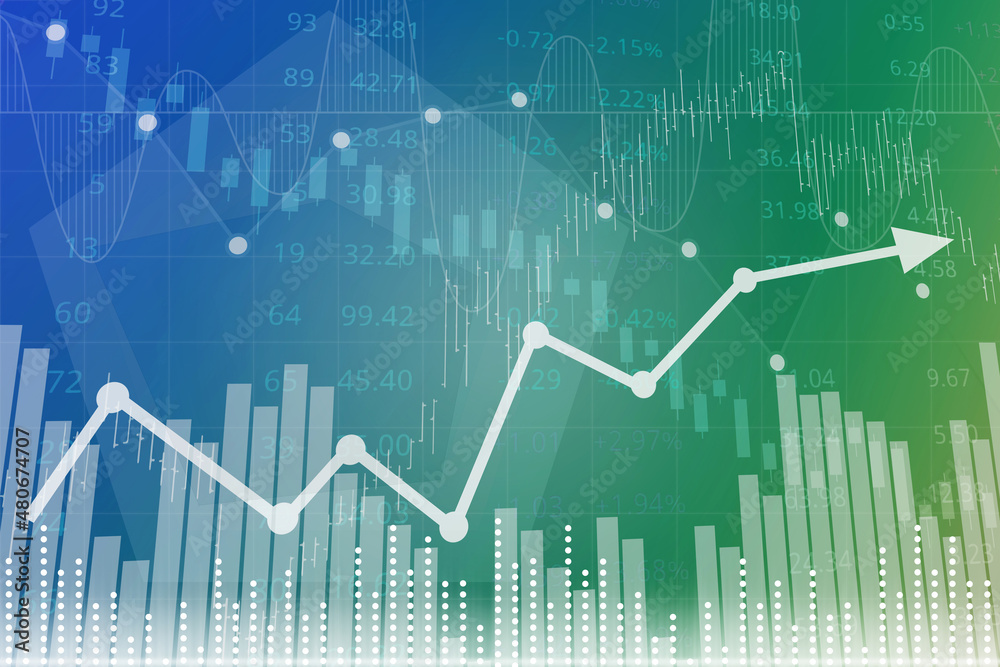 Creative finance graph on blue and green background with columns, lines, candlesticks, bar, arrow, numbers. Financial market and invest concept