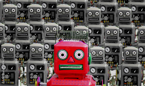 the little red  digital robot is ahead of the crowd