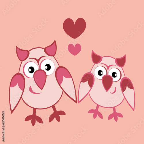 two owls in love with hearts. Cartoon birds. Pastiche. Children drawing