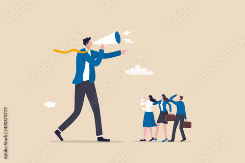 Dominant leader, bossy manager using authority power to order and control employee to work, contrast and conflict management concept, giant businessman manager using megaphone to order employee.