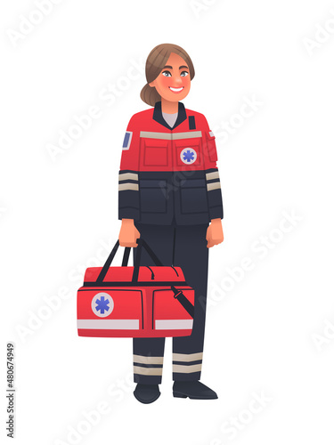 Woman paramedic in full length on a white background with a first aid bag. Emergency ambulance worker