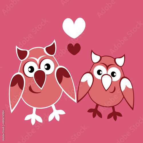 two owls in love with hearts. Cartoon birds. Pastiche. Children drawing