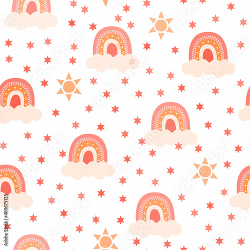 Seamless background with clouds, rainbows on white background. Magical repeat pattern. Illustration for wallpaper, design children clothing, fill web page, wrapping paper. Vector illustration