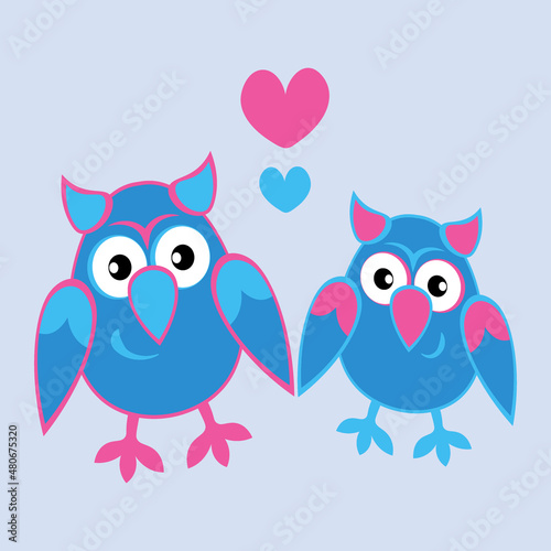 two owls in love with hearts. Cartoon birds. Pastiche. Children drawing