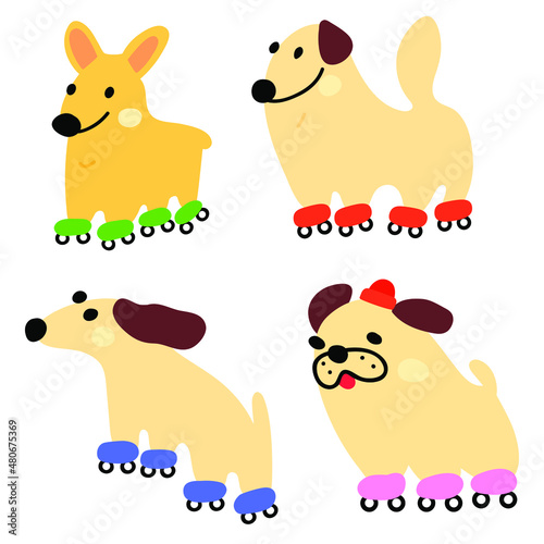 Set of cute dogs on roller skates. 
Hand drawn vector icon illustrations on white background.