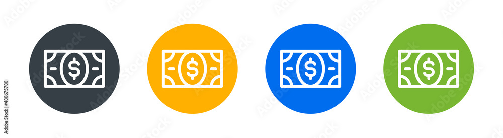 Dollar bills on round sign. Dollar money icon vector set. Dollar bills on round sign. Dollar money icon vector set.