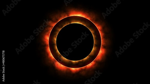 Duo Disc Glowing Red Orange Fire shining Eclipse rotate around black circle motion graphic.
4K Abstract Red Orange Power Flame Vortex Round Background for your media or intro.