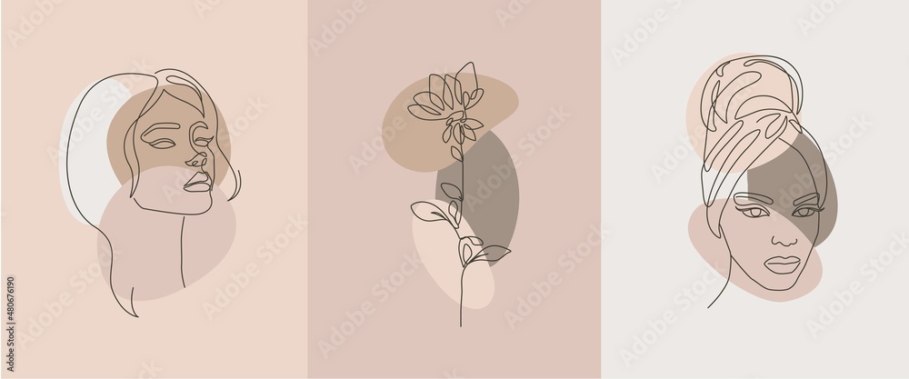 Woman Face and Flower Line Drawing Set. Female Modern Line Art Drawing for Wall Decor, Prints, Posters. Woman Line Art Set Of 3 Prints. Abstract Female Bedroom Decor Face Print. Vector EPS 10