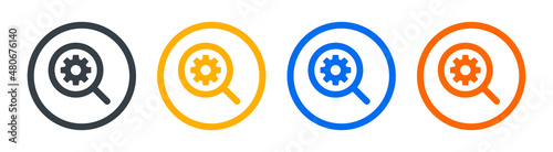 Search icon. Magnifying glass with cogwheel icon. Engineering inspection concept.