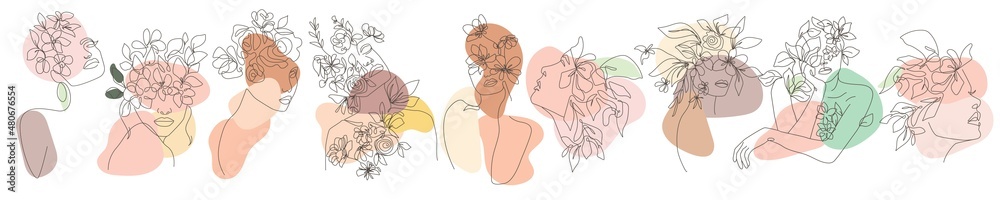 Set of Continuous Line Art of Woman Face and Flowers and Leaves. Abstract Minimalist Line Drawing with Floral Elements. Design Templates for Posters, Covers, t-Shirt Print, Banner etc. Vector EPS 10 - obrazy, fototapety, plakaty 