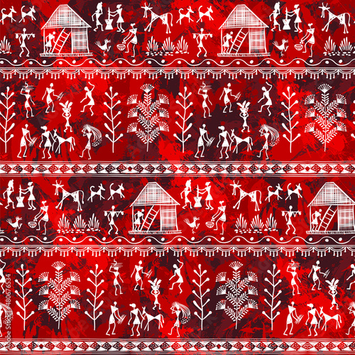 Warli Art painting seamless pattern - hand drawn traditional the ancient tribal art India. In the style of Indian kitsch matched by a rudimentary technique depicting rural life of the inhabitants 